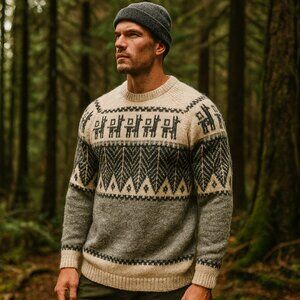 Vintage Alpaca Wool Knit Sweater Men’s Size Large Gray White Llama Pattern